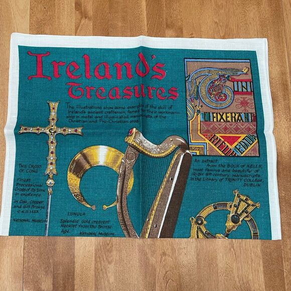 Vintage Decorative Irish Pure Linen Tea Towel Ireland's Treasures & Artifacts - Picture 1 of 9